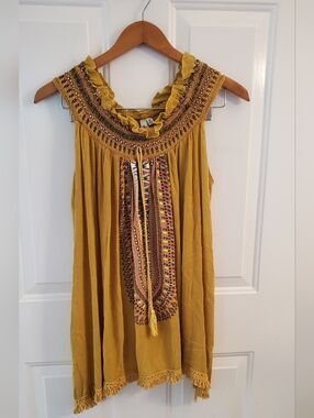 NY Collection Mustard Yellow Embroidered Tank Top